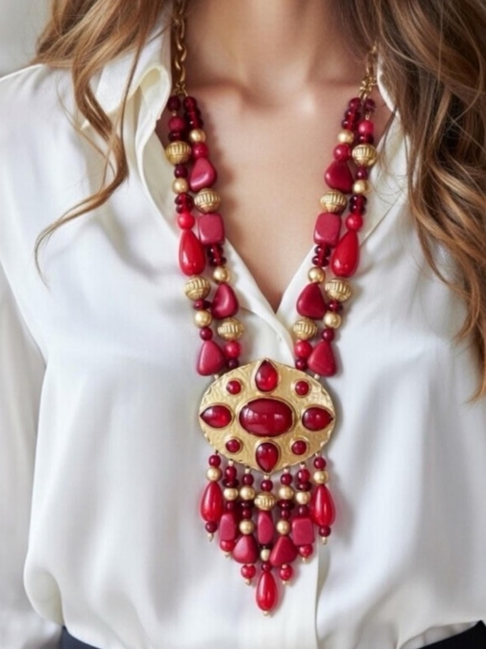 Chicos 35th anniversary beaded long red gold statement necklace